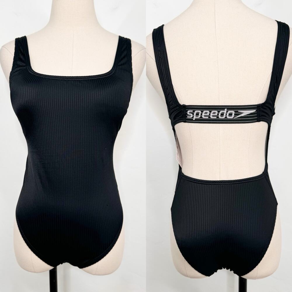 NWT Speedo Rib Logo One Piece Swimsuit Black Swimwear UPF 50 Pool Beach Size 6